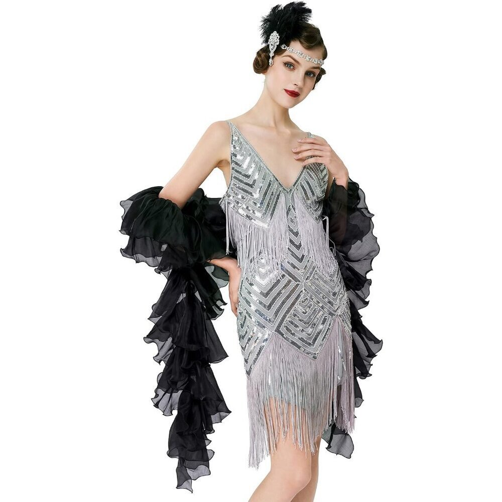 Vintage Black Organza Boa 6.5ft 200g for Gatsby Flapper Costumes Parties